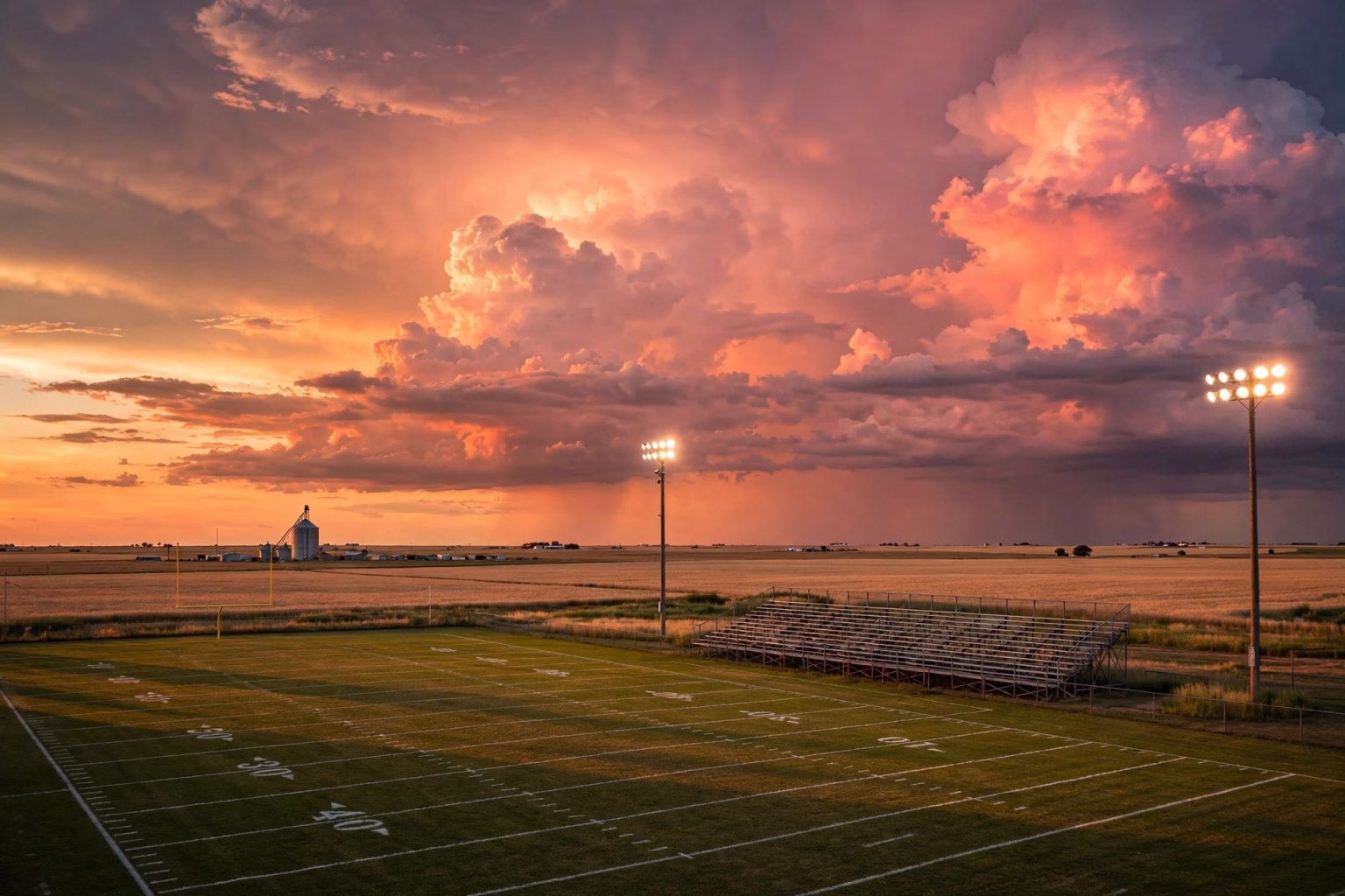 Central High School Football Schedule 2026: Marlow Bronchos’ Season Guide Oklahoma plains high school football stadium at sunset under a huge open sky.
