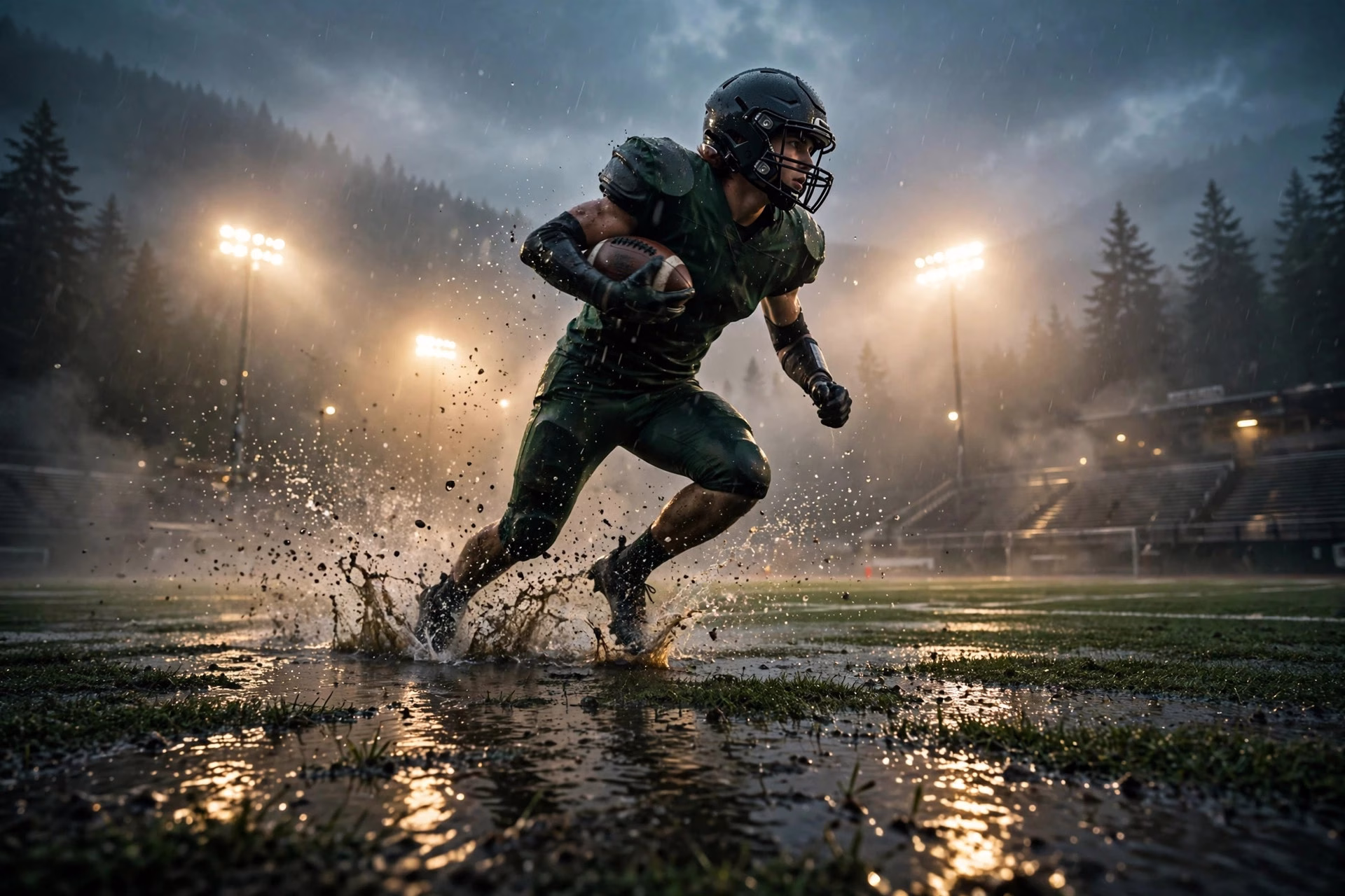 High school football player running with the ball on a rain-soaked field at dusk.