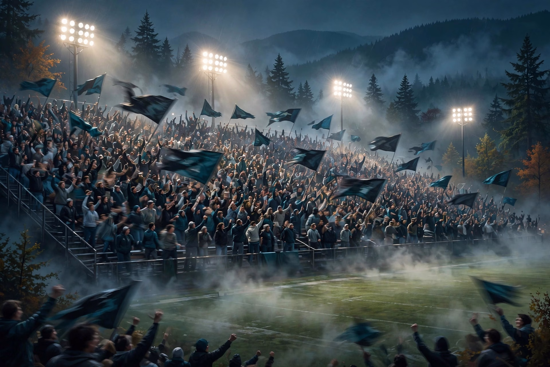 Cheering high school football crowd in night bleachers under floodlights.