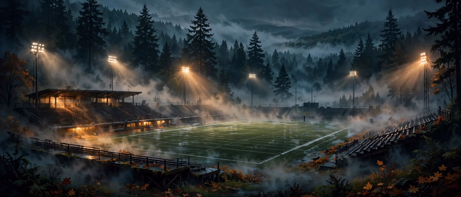 Misty Pacific Northwest high school football stadium in Oregon at night under floodlights.