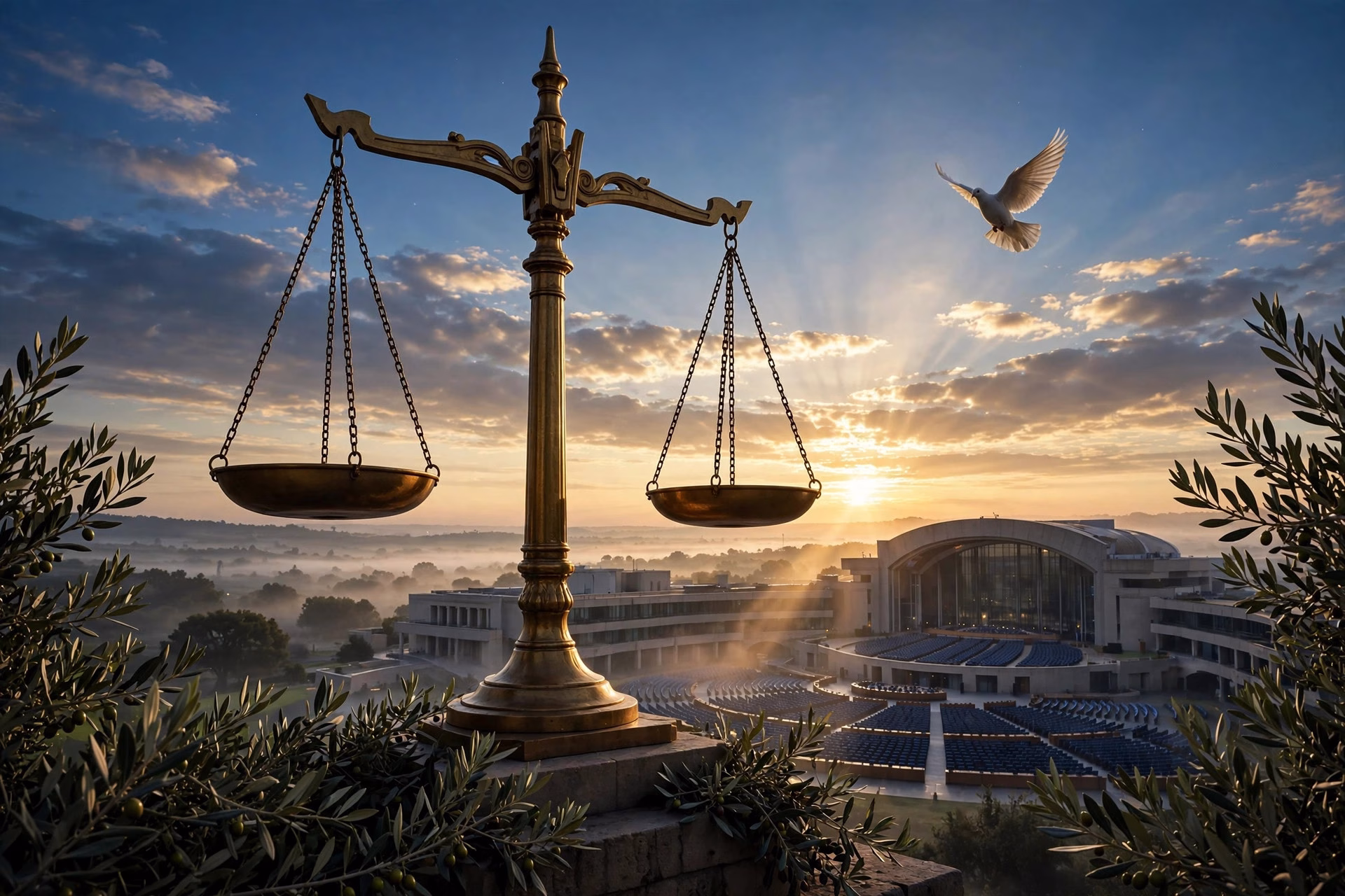 A golden scales-of-justice monument against sunrise over an international assembly hall, with a dove in flight, symbolising the international legal order