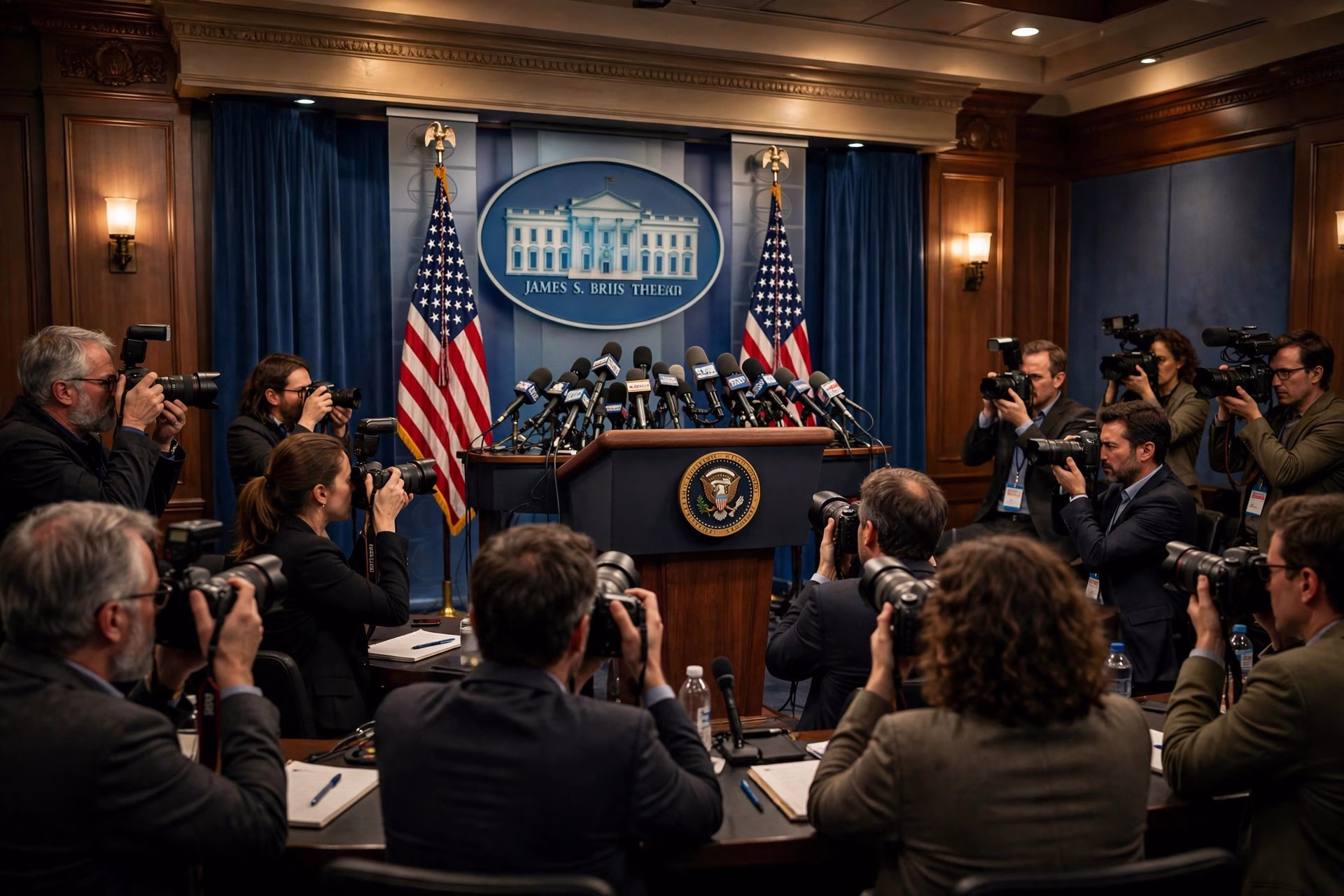 Journalists and cameras at a White House press briefing room podium, as President Donald Trump's Nobel Peace Prize lobbying falls short
