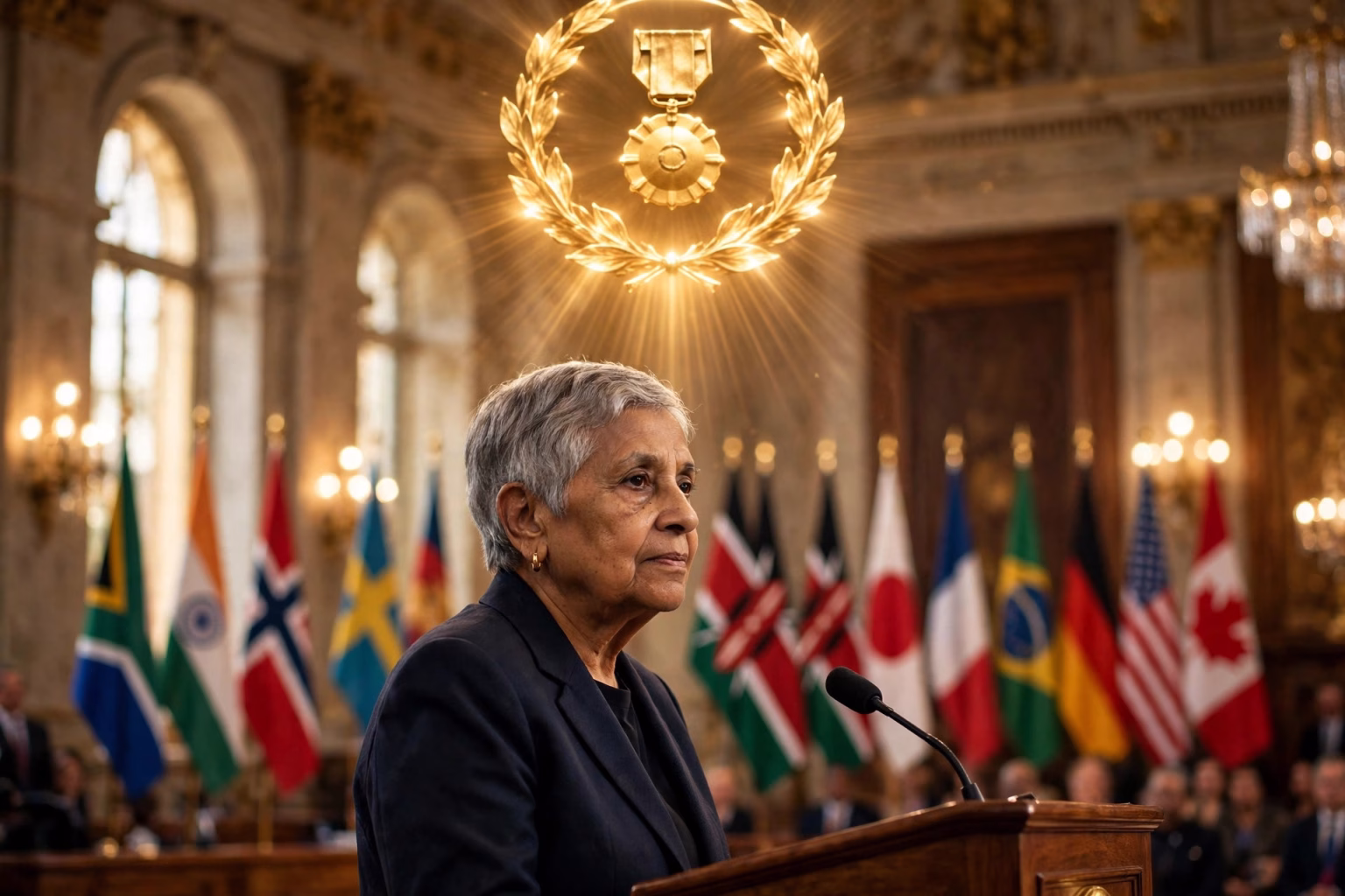 Navanethem ‘Navi’ Pillay Wins Nobel Peace Prize 2026 for Championing International Law Navanethem 'Navi' Pillay at a podium in an Oslo-style hall with a golden Nobel medal glow above, as the 2026 Nobel Peace Prize winner is announced